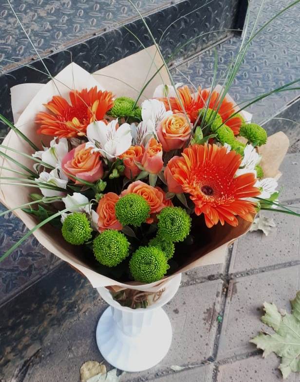 Букет цветов из: Герберы, Хризантемы, Альстромерии и Розы в Шиморское