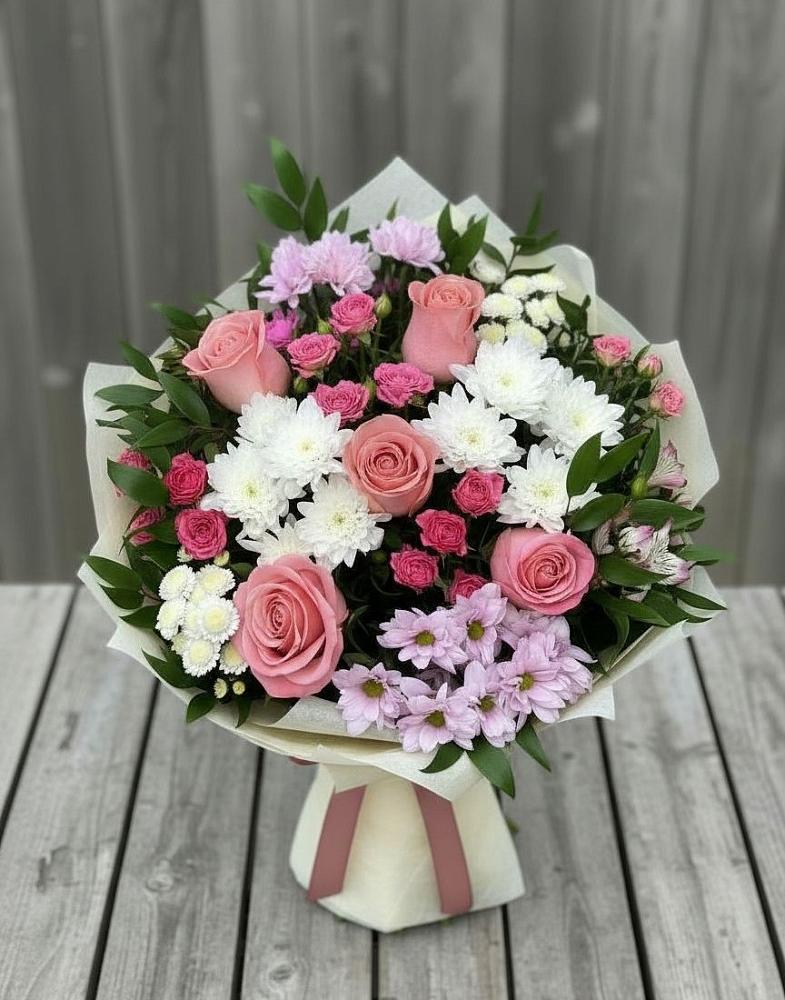 Букет цветов из: Альстромерии, Гвоздики, Розы и Хризантемы в Шиморское
