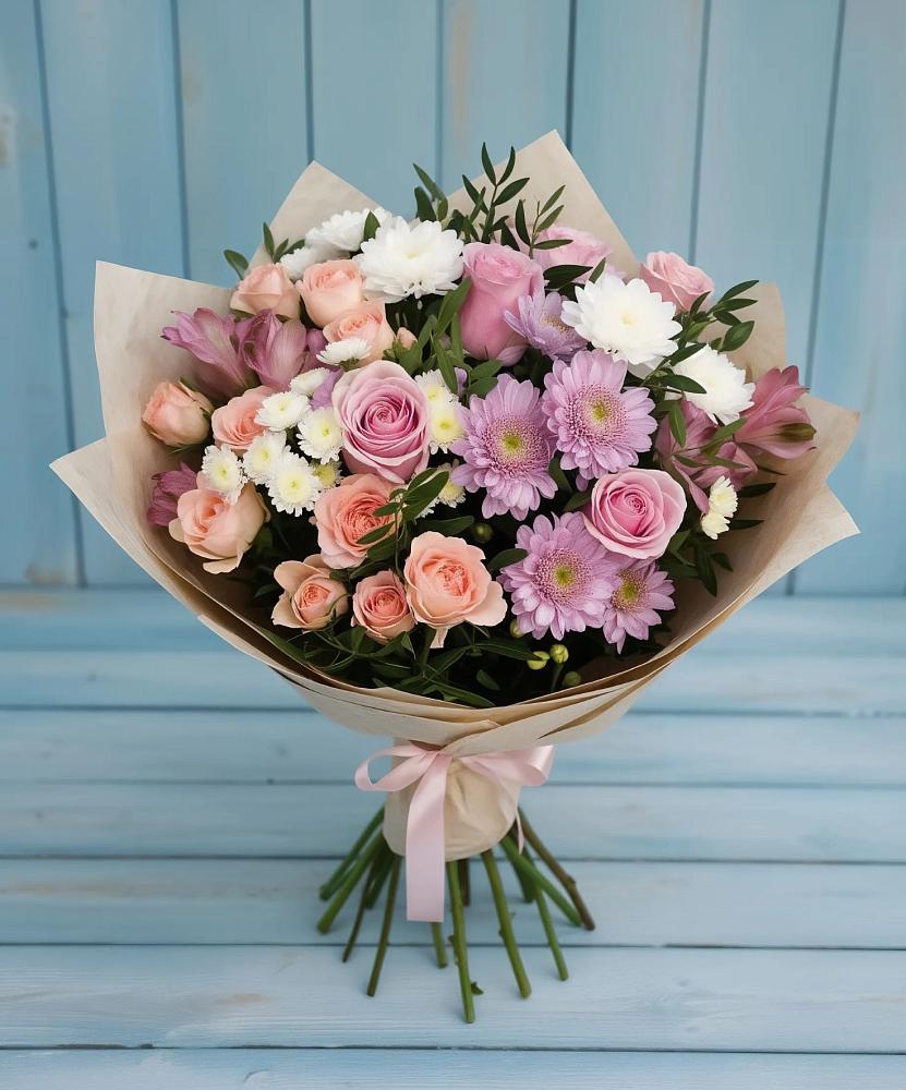 Букет цветов из: Хризантемы, Розы и Альстромерии в Шиморское