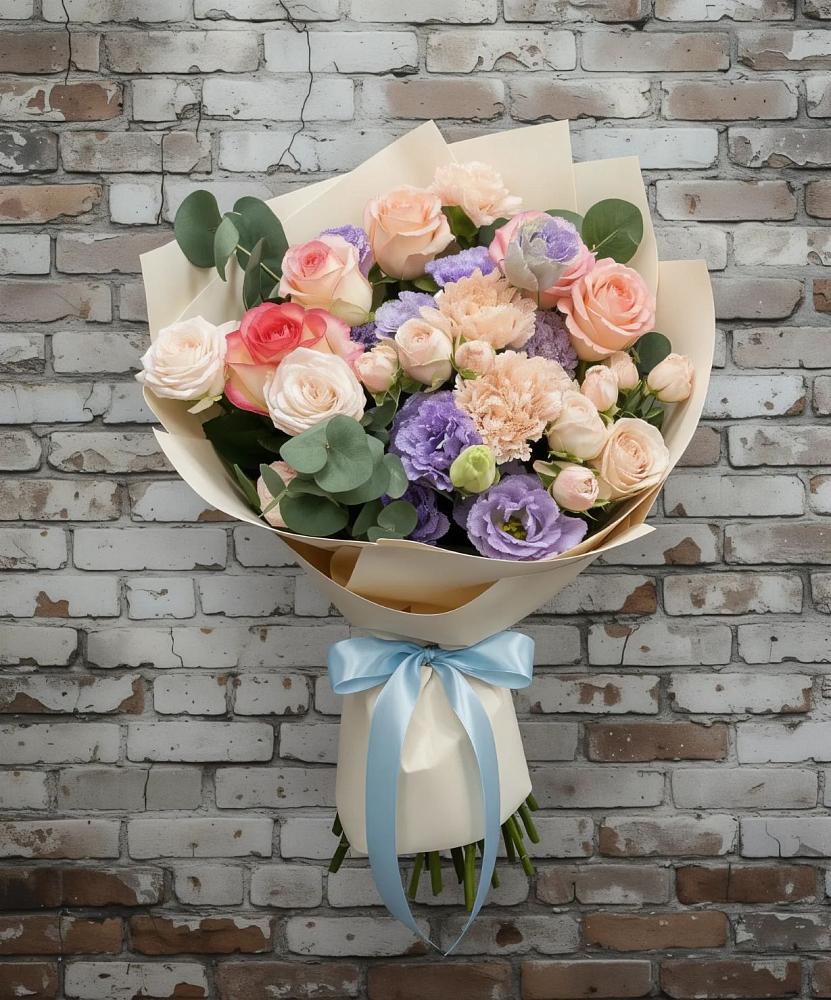 Букет цветов из: Розы, Лизиантусы и Гвоздики в Шиморское