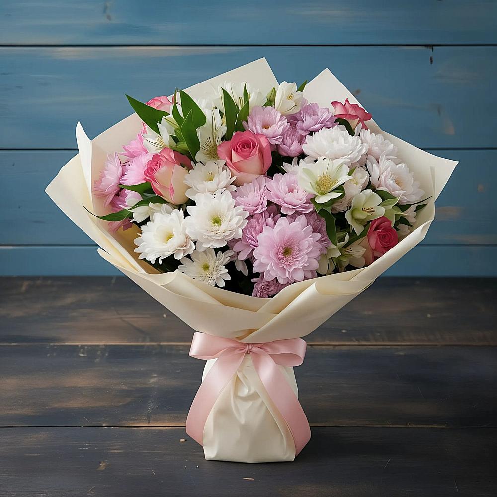 Букет цветов из: Хризантемы, Альстромерии и Розы в Шиморское